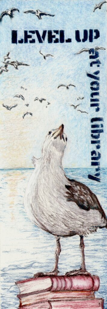 A bookmark showing a baby seagull standing on a stack of old books while gazing up at a flock of big gulls flying overhead.